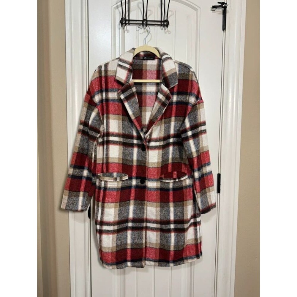 PrettyGarden Womens Plaid Flannel Shacket Button Front Pockets Large Mid-Length